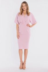 Sukienka elegancka midi kimonowa góra dopasowany dół różowa. Czerwone sukienki Stylove, do pracy, l, bez wzorów, z poliesteru, biznesowe, bez kołnierzyka, bez ramiączek, midi, dopasowane. Za 289.00 zł.