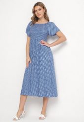 Niebieska Sukienka z Bawełny o Rozkloszowanym Kroju w Kropeczki Lisadrisa. Niebieskie sukienki Born2be, na co dzień, m, bez wzorów, z bawełny, eleganckie, bez kołnierzyka, bez ramiączek, midi, rozkloszowane. Za 49.99 zł.