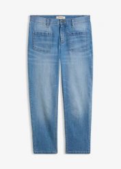 Jeansy o kroju slim, high waist, cropped. Niebieskie jeansy bonprix, bez wzorów, z podwyższonym stanem. Za 124.99 zł.