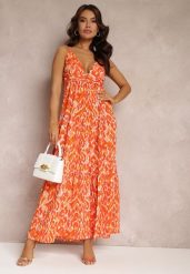 Pomarańczowa Sukienka Maxi na Regulowanych Ramiączkach z Abstrakcyjnym Wzorem Jerela. Brązowe sukienki Renee, na co dzień, l, bez wzorów, z tkaniny, boho, bez kołnierzyka, bez ramiączek, maxi, proste. Za 129.99 zł.