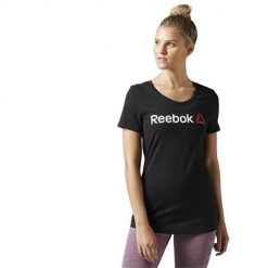 Koszulka sportowa damska Reebok Linear Read Tee. Czarne koszulki sportowe Reebok, bez wzorów, bez ramiączek. Za 104.00 zł.