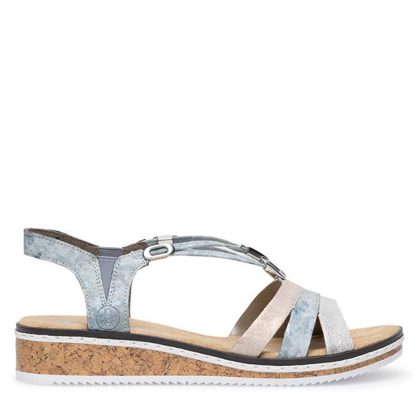 Sandały Rieker. Niebieskie sandały Rieker, bez wzorów, bez obcasa, na płaskiej podeszwie, bez zapięcia. Za 259.99 zł.