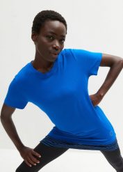 T-shirt sportowy, w optyce 2 w 1. Niebieskie koszulki sportowe bonprix, bez wzorów, z wiskozy, bez ramiączek. Za 74.99 zł.
