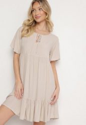 Jasnobeżowa Sukienka z Bawełny o Rozkloszowanym Kroju z Wiązaniem przy Dekolcie Mepilea. Brązowe sukienki Born2be, na co dzień, na lato, l, bez wzorów, z bawełny, eleganckie, bez kołnierzyka, bez ramiączek, mini, rozkloszowane. Za 49.99 zł.