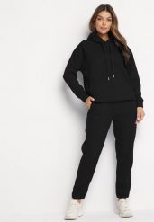 Czarny Komplet Dresowy Rozpinana Bluza z Kapturem Wykończona Ściągaczem i Spodnie z Gumką w Pasie Starkie. Czarne bluzy Born2be, s, bez wzorów, z dresówki, z kapturem. Za 79.99 zł.