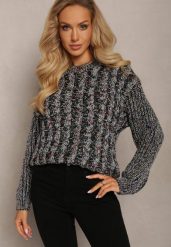 Czarny Sweter w Warkoczykowy Splot Salvio. Czarne swetry Renee, m, bez wzorów, z dzianiny, bez ramiączek. Za 69.99 zł.