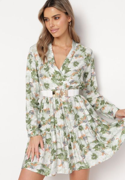 Beżowo-Zielona Sukienka Mini w Kwiaty z Rozkloszowanym Falowanym Dołem Darae. Brązowe sukienki Born2be, l, bez wzorów, bez kołnierzyka, bez ramiączek, mini, kopertowe. Za 49.99 zł.