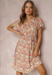 Pomarańczowo-Jasnozielona Sukienka z Wiskozy Savvogeus. Brązowe sukienki Renee, l, bez wzorów, z materiału, eleganckie, bez kołnierzyka, bez ramiączek, midi, kopertowe. Za 54.99 zł.
