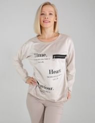 Bluzka z nadrukiem. Brązowe bluzki Unisono, l, z aplikacjami, z materiału, bez kołnierzyka, bez ramiączek. Za 139.00 zł.