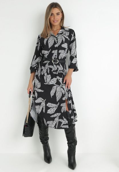 Czarna Sukienka Koszulowa w Kwiaty Rahila. Czarne sukienki Born2be, bez wzorów, z tkaniny, bez kołnierzyka, bez ramiączek, midi, koszulowe. Za 49.99 zł.