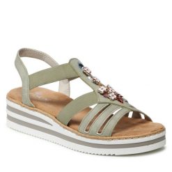 Sandały Rieker. Zielone sandały Rieker, bez wzorów, bez obcasa, na koturnie, bez zapięcia. Za 319.99 zł.