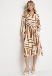 Beżowa Sukienka Koszulowa z Wiskozą w Geometryczny Wzór Wiązana w Talii Ninalora. Brązowe sukienki Born2be, na co dzień, l, bez wzorów, z wiskozy, eleganckie, bez kołnierzyka, bez ramiączek, midi, koszulowe. Za 129.99 zł.