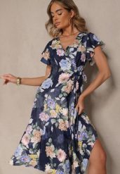 Niebieska Kopertowa Sukienka w Kwiaty Atesalia. Niebieskie sukienki Renee, na co dzień, na wiosnę, m, bez wzorów, eleganckie, bez kołnierzyka, bez ramiączek, midi, kopertowe. W wyprzedaży za 95.99 zł.
