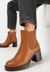 Brązowe Botki na Słupku z Elastyczną Wstawką Rifaog. Brązowe botki Born2be, bez wzorów, bez obcasa, na obcasie, bez zapięcia. Za 149.99 zł.