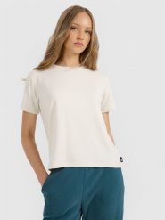 4F T-shirt z prążkowanej dzianiny z modalem damski - beżowy L. Brązowe t-shirty 4f, l, bez wzorów, z dzianiny, bez kołnierzyka, bez ramiączek. Za 79.99 zł.
