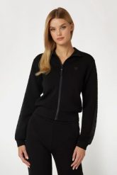 GUESS Czarna bluza damska z lampasami New Allie Scuba, Rozmiar M. Czarne bluzy sportowe Guess, m, z aplikacjami, z materiału, bez kaptura. W wyprzedaży za 229.99 zł.