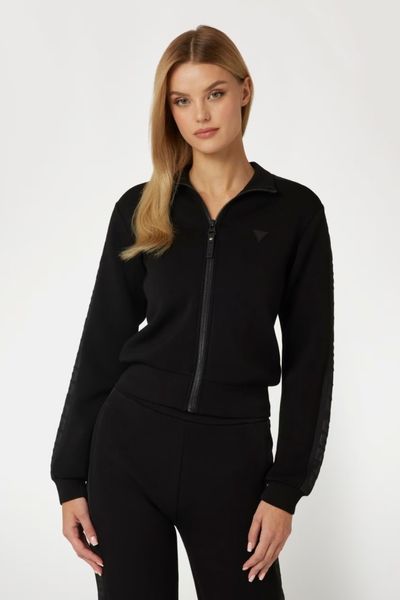 GUESS Czarna bluza damska z lampasami New Allie Scuba, Rozmiar S. Czarne bluzy Guess, m, z aplikacjami, z materiału, bez kaptura. W wyprzedaży za 176.99 zł.