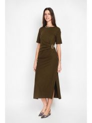 ASSUILI Sukienka w kolorze khaki rozmiar: 42. Brązowe sukienki Assuili, bez wzorów, klasyczne, bez kołnierzyka, bez ramiączek, midi, rozkloszowane. Za 144.95 zł.