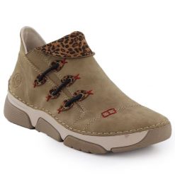 Botki damskie zmotywem panterki beżowe Rieker 45983-64. Brązowe botki Rieker, bez wzorów, ze skóry ekologicznej, bez obcasa, bez zapięcia. Za 349.00 zł.