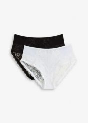 Figi z wysokim stanem z delikatną koronką (2 pary). Niebieskie figi bonprix, bez wzorów, z koronki. Za 79.98 zł.