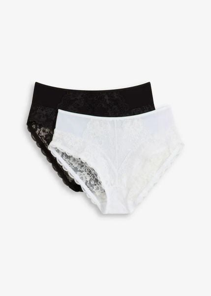 Figi z wysokim stanem z delikatną koronką (2 pary). Niebieskie figi bonprix, bez wzorów, z koronki. Za 79.98 zł.