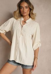 Beżowa Koszula z Wiskozą i Perełkami Tanathiel. Brązowe koszule Renee, z aplikacjami, z jeansu, eleganckie, bez kołnierzyka, bez ramiączek. Za 59.99 zł.
