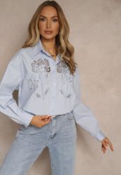 Jasnoniebieska Koszula Oversize z Bawełny z Ażurowymi Zdobieniami z Motywem Kwiatowym Voesia. Niebieskie koszule Renee, m, z aplikacjami, z bawełny, eleganckie, bez kołnierzyka, bez ramiączek. Za 139.99 zł.