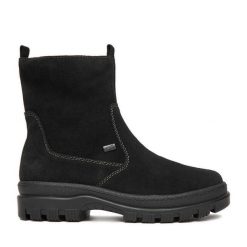 Botki Rieker. Czarne botki Rieker, bez wzorów, bez obcasa, na płaskiej podeszwie, bez zapięcia. Za 499.99 zł.