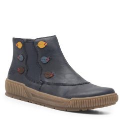 Botki Rieker. Niebieskie botki Rieker, bez wzorów, bez obcasa, na płaskiej podeszwie, bez zapięcia. Za 263.99 zł.