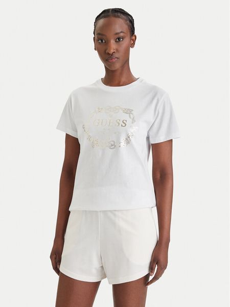 Guess T-Shirt E6GI00 I3Z14 Biały Regular Fit. Białe t-shirty Guess, l, z aplikacjami, z bawełny, bez kołnierzyka, bez ramiączek. Za 111.99 zł.