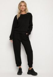 Czarny Komplet Dresowy z Bawełną Bluza i Spodnie ze Ściągaczami Anirrive. Czarne bluzy Born2be, l, bez wzorów, z bawełny, bez kaptura. Za 119.99 zł.