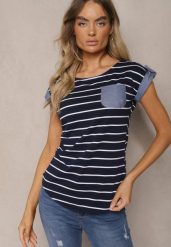 Czarny T-shirt z Bawełny z Ozdobną Kieszonką i Rękawkami w Paski Anacetsa. Czarne t-shirty Renee, l, bez wzorów, z bawełny, bez kołnierzyka, bez ramiączek. Za 39.99 zł.