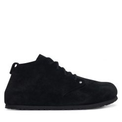 Trzewiki Birkenstock. Czarne botki Birkenstock, bez wzorów, bez obcasa, na płaskiej podeszwie, bez zapięcia. Za 849.99 zł.