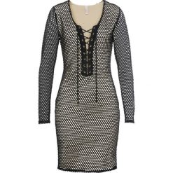 Sukienka siatkowa ze sznurowaniem bonprix czarno-naturalny. Czarne sukienki bonprix, bez wzorów, bez kołnierzyka, bez ramiączek. Za 47.99 zł.