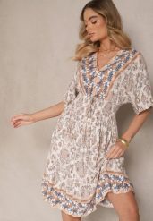 Ciemnobeżowa Wiskozowa Sukienka w Ornamentalny Print z Szeroką Gumką w Talii Danissna. Brązowe sukienki Renee, na co dzień, l, bez wzorów, z wiskozy, eleganckie, bez kołnierzyka, bez ramiączek, midi, rozkloszowane. Za 49.99 zł.