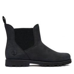 Sztyblety Timberland. Czarne botki Timberland, bez wzorów, bez obcasa, na płaskiej podeszwie, bez zapięcia. Za 399.99 zł.