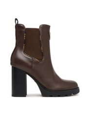 Guess Botki FLFNEL ELE10 Brązowy. Brązowe botki Guess, z aplikacjami, ze skóry, bez obcasa, na słupku, bez zapięcia. Za 634.99 zł.