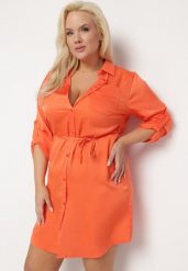 Pomarańczowa Sukienka Mini Zapinana na Guziki z Cienkim Materiałowym Paskiem Venudda. Brązowe sukienki Born2be, xl, bez wzorów, z materiału, bez kołnierzyka, bez ramiączek, mini. Za 69.99 zł.