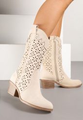 Beżowe Botki Kowbojki na Słupku z Ażurową Cholewką Ravsemi. Brązowe botki Renee, z aplikacjami, z jeansu, bez obcasa, na obcasie, bez zapięcia. Za 129.99 zł.