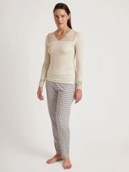 Calida Wełniana koszulka w kolorze beżowym rozmiar: S. Brązowe bluzki Calida, s, bez wzorów, z koronki, bez kołnierzyka, bez ramiączek. Za 139.20 zł.