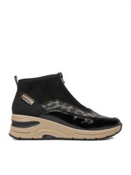 Rieker Botki N9362-00 Czarny. Czarne botki Rieker, bez wzorów, z materiału, bez obcasa, na koturnie, bez zapięcia. Za 349.99 zł.
