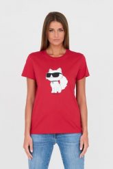 KARL LAGERFELD Czerwony damski t-shirt z kotem, Rozmiar M. Czerwone t-shirty KARL LAGERFELD, m, bez wzorów, bez kołnierzyka, bez ramiączek. W wyprzedaży za 269.99 zł.
