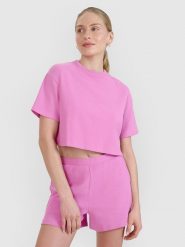 4F T-shirt crop top z waflowej dzianiny damski - różowy XL. Czerwone t-shirty 4f, xl, bez wzorów, z bawełny, bez kołnierzyka, bez ramiączek. W wyprzedaży za 49.99 zł.