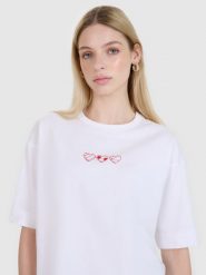 4F T-shirt oversize z nadrukiem damski - biały L. Białe t-shirty 4f, l, bez wzorów, z bawełny, bez kołnierzyka, bez ramiączek. W wyprzedaży za 29.99 zł.