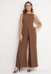 Brązowy Kombinezon Bez Rękawów z Szerokimi Nogawkami i Kieszeniami Veleldia. Brązowe sukienki Born2be, m, bez wzorów, eleganckie, bez kołnierzyka, bez ramiączek. Za 149.99 zł.