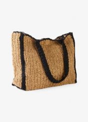 Słomkowa torba typu shopper z kontrastowymi detalami. Brązowe shopper bonprix, bez wzorów, bez dodatków. Za 74.99 zł.