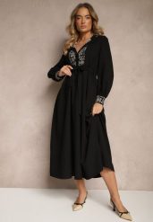 Czarna Sukienka Rozkloszowana z Wiskozą Zdobiona Haftem i Wiązana w Talii Ninalisa. Czarne sukienki Renee, na co dzień, l, z aplikacjami, z wiskozy, eleganckie, bez kołnierzyka, bez ramiączek, maxi, kopertowe. Za 139.99 zł.