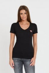 GUESS Czarny t-shirt Mini Triangle Tee. Czarne t-shirty Guess, s, z aplikacjami, bez kołnierzyka, bez ramiączek. W wyprzedaży za 66.00 zł.