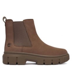 Sztyblety Timberland. Brązowe botki Timberland, bez wzorów, bez obcasa, na płaskiej podeszwie, bez zapięcia. Za 499.99 zł.