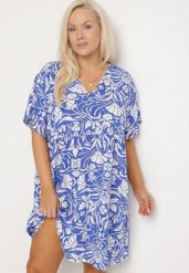 Niebieska Pudełkowa Sukienka z Wiskozy w Kwiaty z Guzikami Liramiree. Niebieskie sukienki Born2be, na co dzień, l, bez wzorów, z wiskozy, eleganckie, bez kołnierzyka, bez ramiączek, mini, proste. Za 69.99 zł.